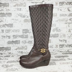 Hispana Brown Quilted Leather Zip Detail Wedge Boots K328